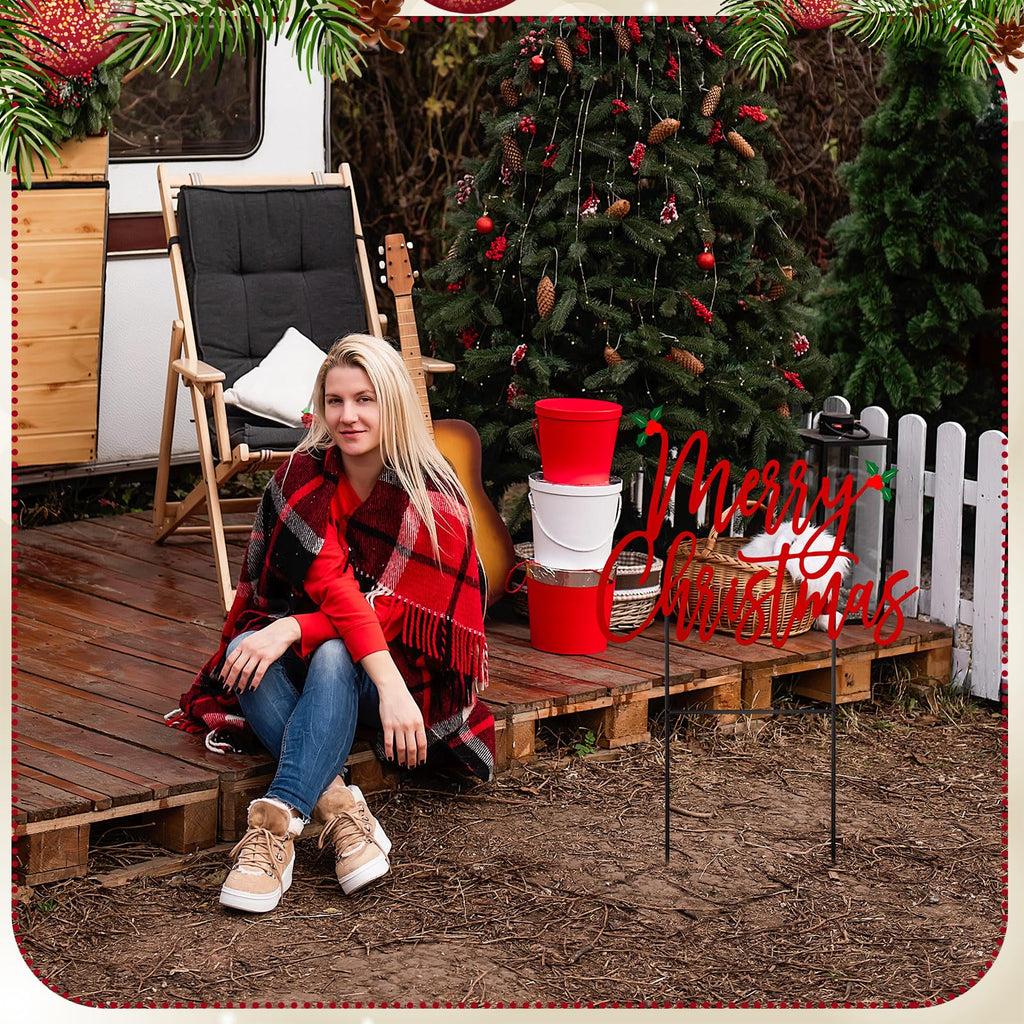 Merry Christmas Metal Yard Signs 15.75 Inch Xmas Metal Outdoor Decorations with Stakes Waterproof Christmas Decor