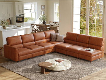 119.2" Leather Modular sectional couches, with storage, Brown