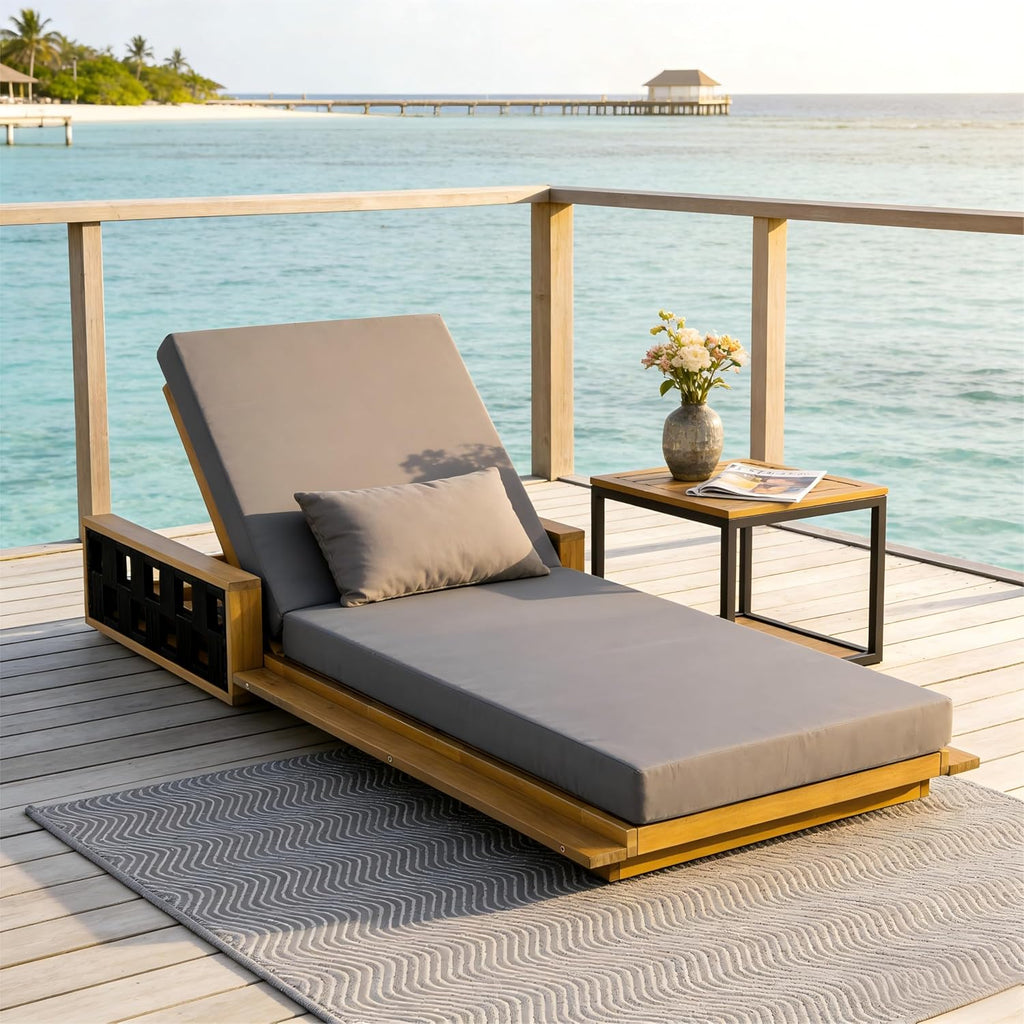 Acacia Wood Chaise Lounge Chair Outdoor with 2-Fold Cushion, Adjustable Backrest Sun Lounger Recliner, Wooden
