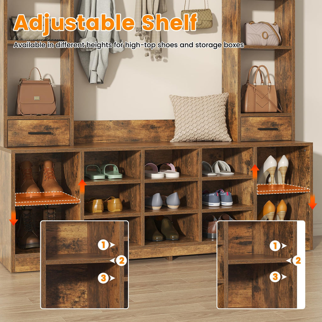61.6" Farmhouse Hall Tree with 2 Independent Drawers, 6-in-1 Entryway Bench with Coat Rack Adjustable Shoe Storage for