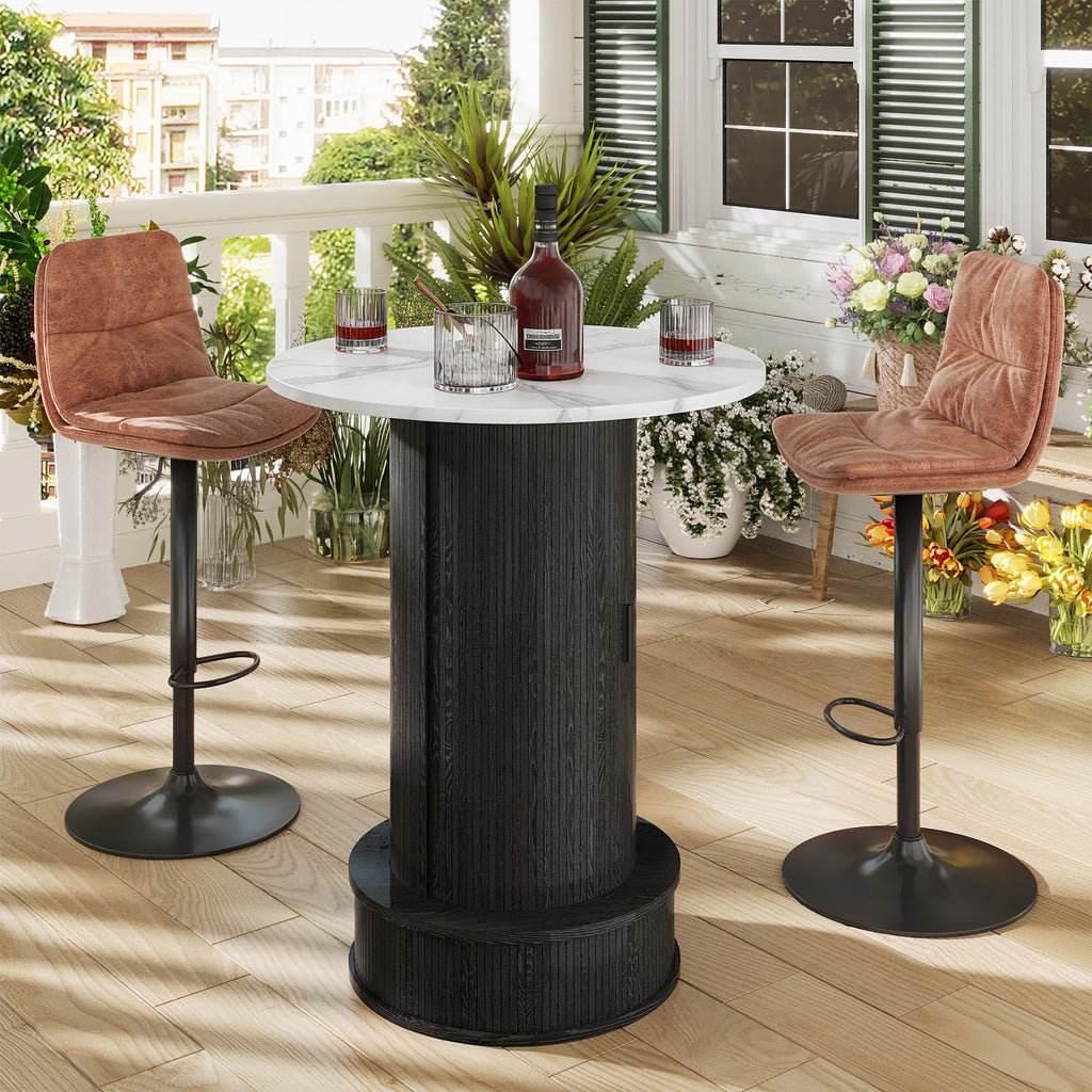 Round Bar Table with 2-Tier Hidden Storage, 38.1" High Top Bistro Pub Table with Footrest, Rustic Coffee Cocktail