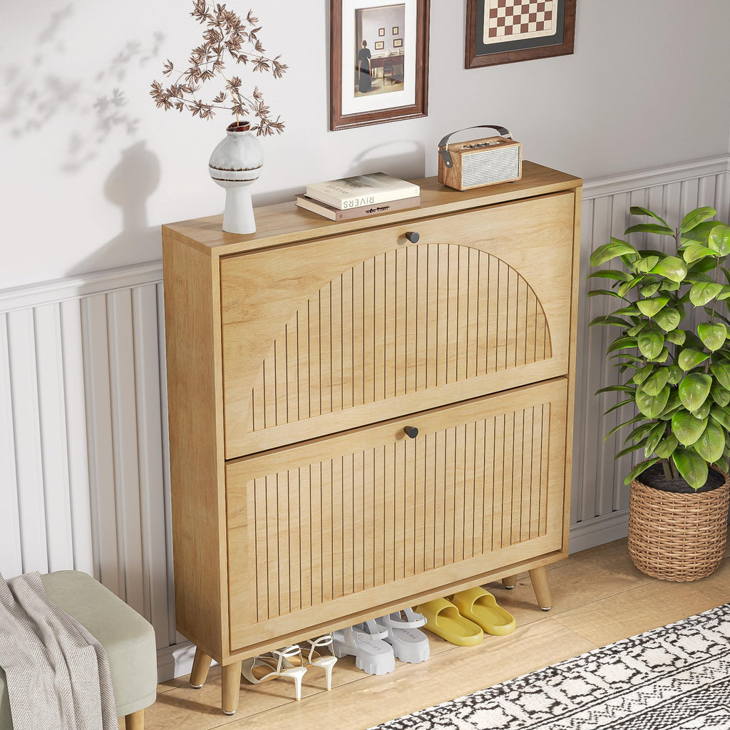 Shoe Storage Cabinet with 2 Fluted Flip Drawers, Oak