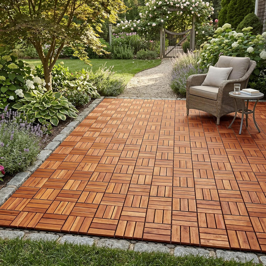 Interlocking Deck Tiles 12”x12”, Acacia Wood Patio Tiles, Waterproof Flooring Tiles for Indoor and Outdoor - Non-Slip