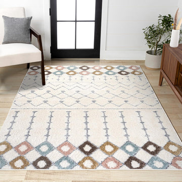 Trellis Plush Carved Multi/Cream Indoor Area Rug 4X6 ft, Pia Moroccan High-Low, Easy-Cleaning, High Traffic