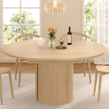 47"-63" Extendable Round Dining Table for 4-8 with Storage, Mid Century Modern Farmhouse Wood Oval Dinner Table with