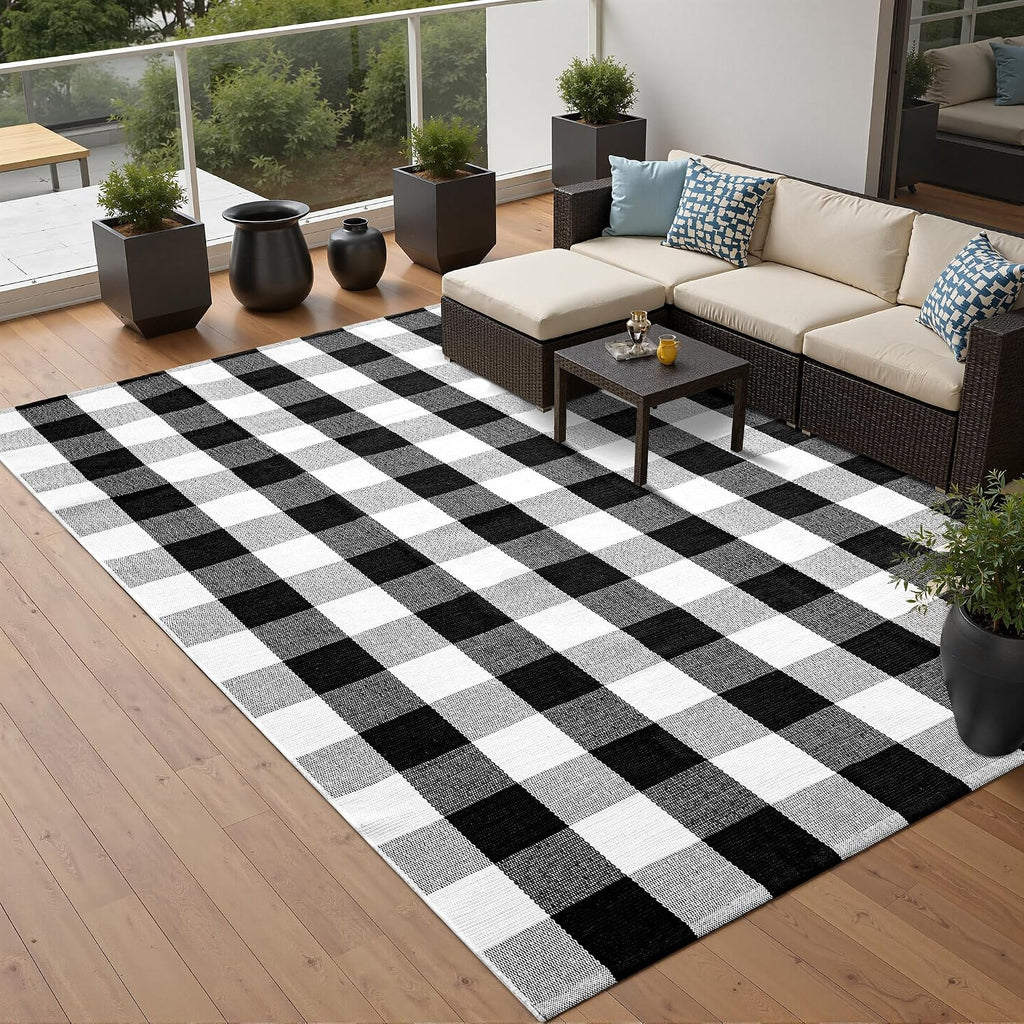 Buffalo Plaid Rug Black and White Checkered Area Rug Cotton Hand-Woven Indoor Outdoor Rugs Carpet