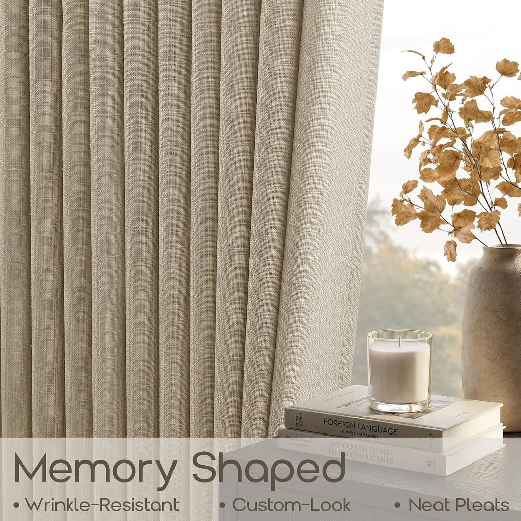 Oatmeal Flax Linen Pinch Pleated Semi Sheer Boho Curtains 90 Inches Long