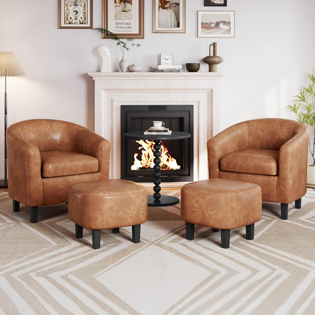 Accent Chairs with Ottoman, Faux Leather, Brown - Set of 2