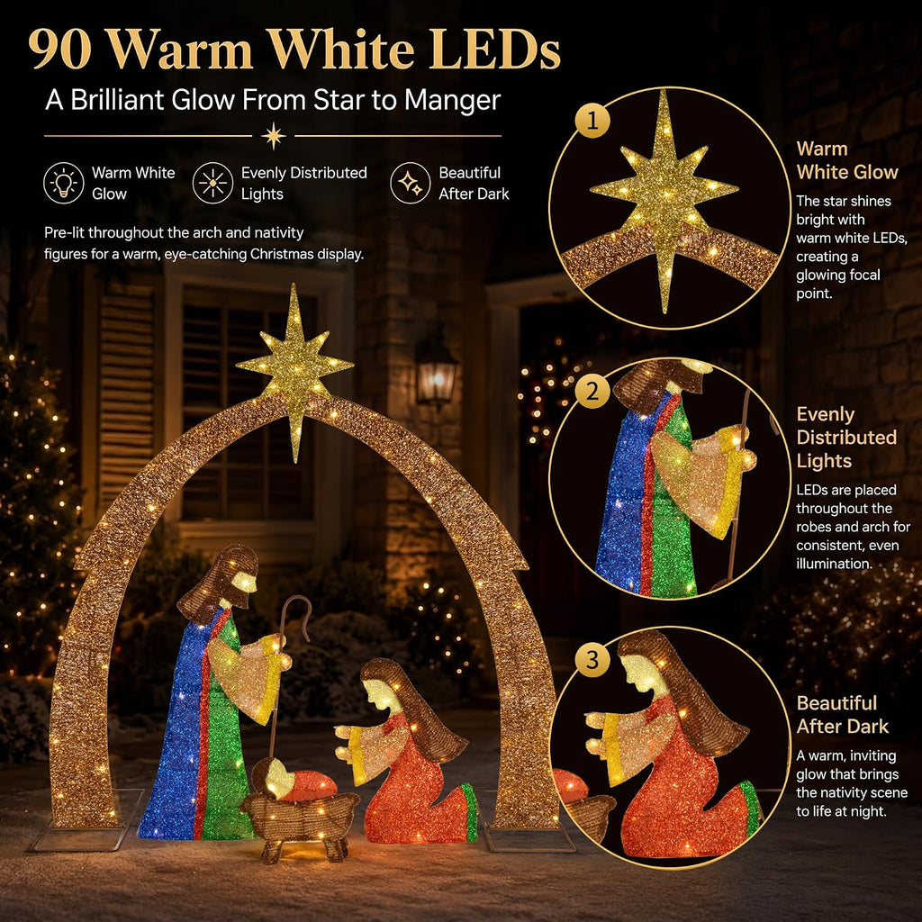 52" 2D Lighted Nativity Scene Outdoor Christmas Decorations, 90 LED Pre-Lit Champagne Gold & Multicolor Holy Family
