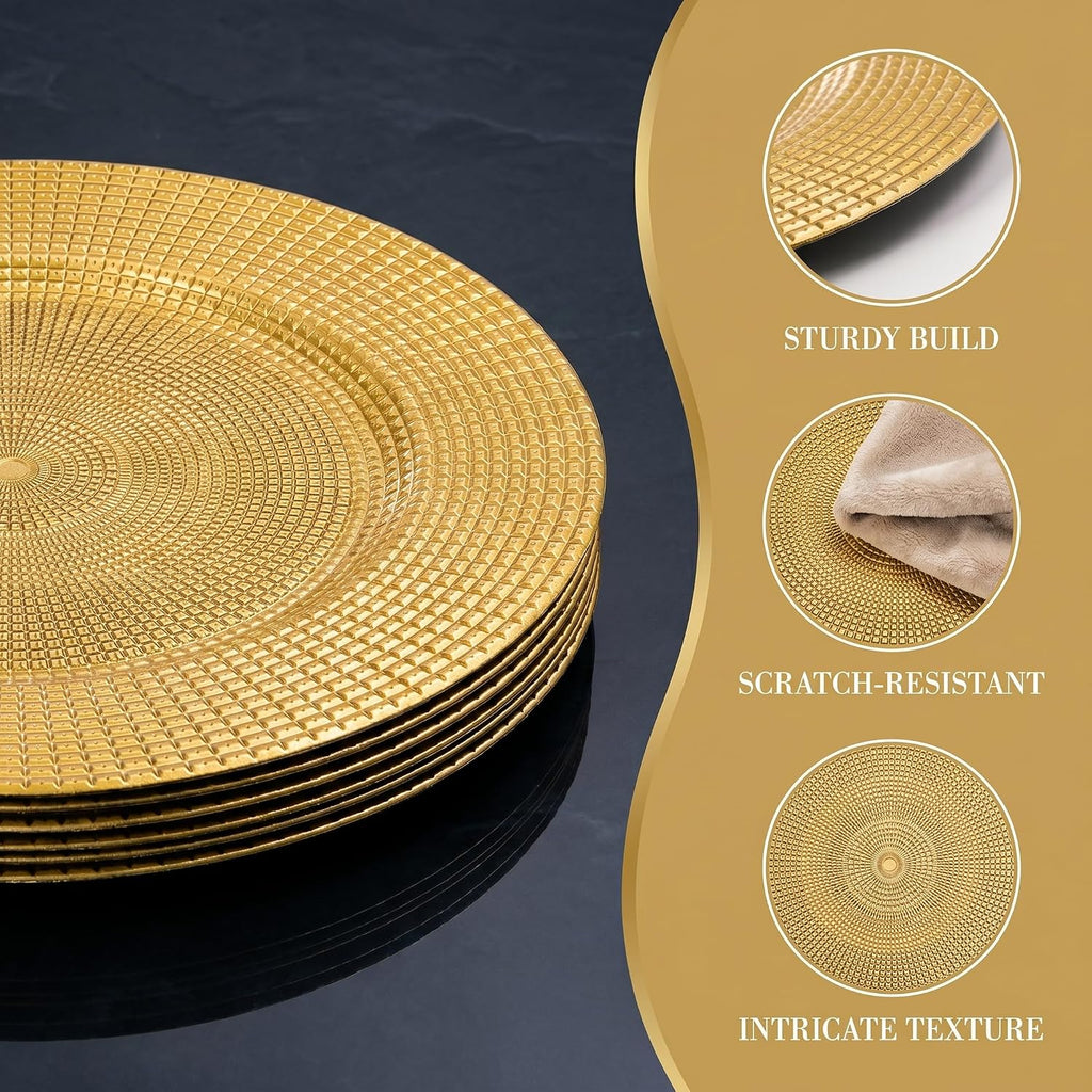 Gold Charger Plates for Dinner Plates, 13" Round Plastic Chain Shaped Charger Service Plates, Decorative - Set of 12