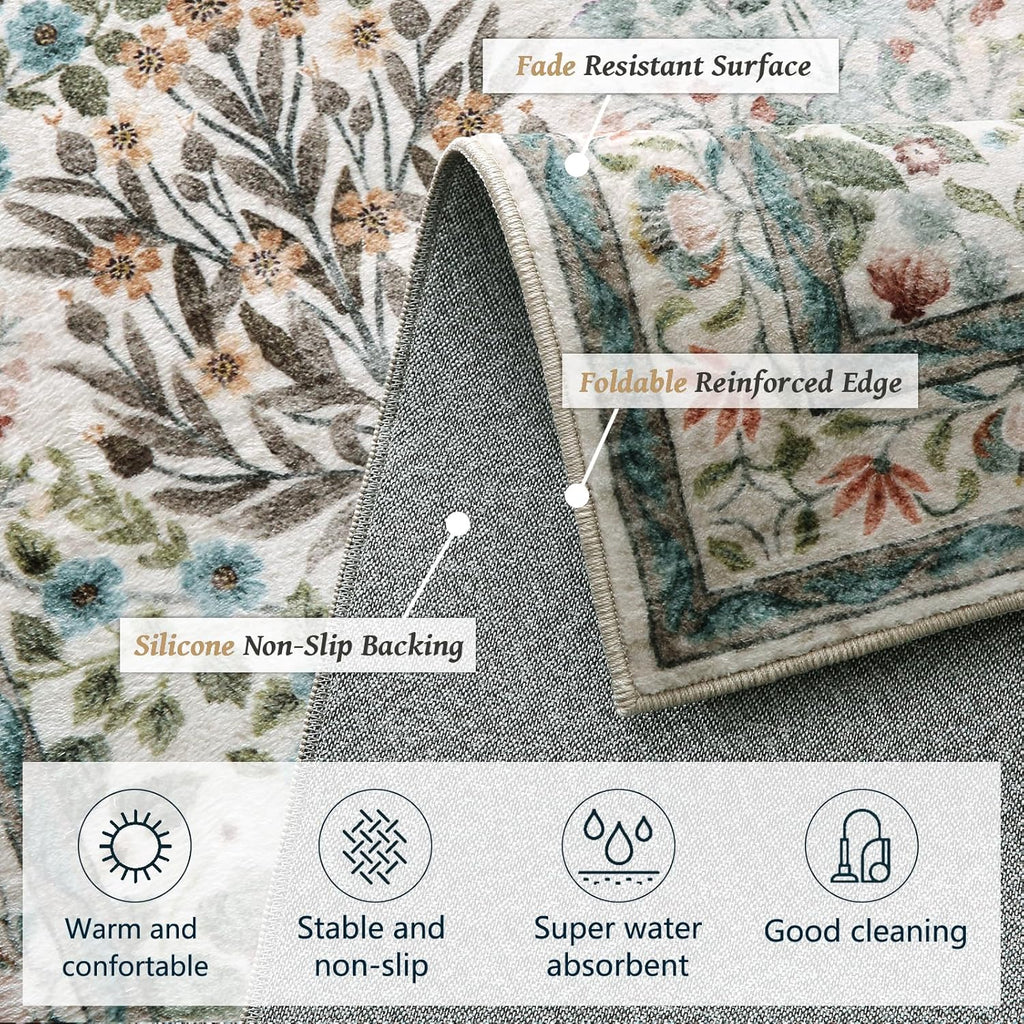 Washable Area Rug 8x10 - Vintage Floral Living Room Rug (Under Table), Bedroom - Stain Resistant, Soft Low Pile