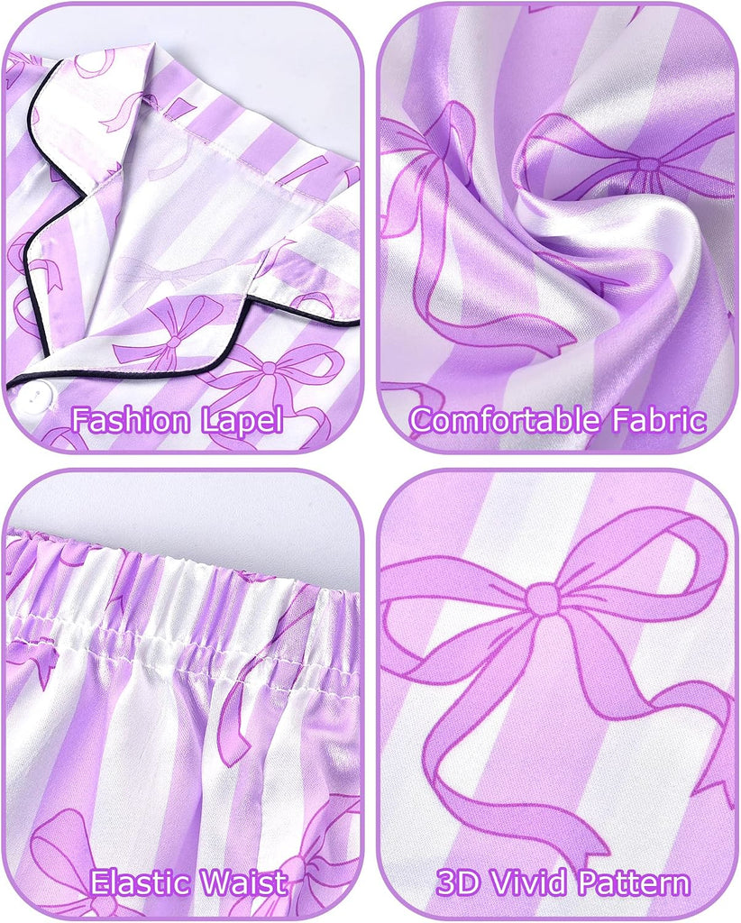 Girls Pajamas Silk PJS Set Bow Satin Sleepwear Short Sleeve Jammies for Kids Button-Down Nightwear