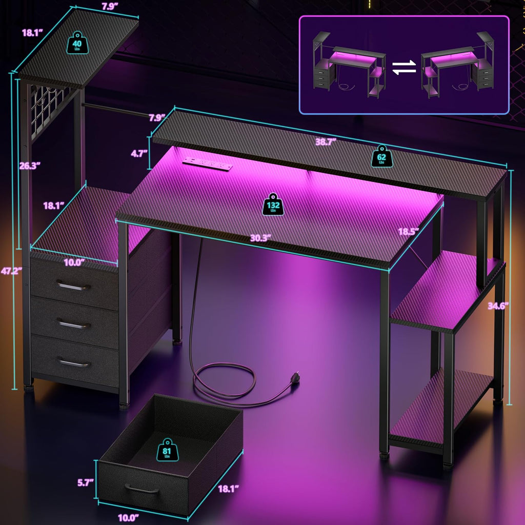 48" Gaming Desk with Power Outlet, LED, Drawers, Carbon Fiber Black | Reversible,Computer Desk, Gamer Table, with