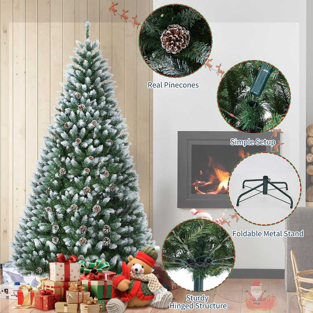 Pre-Lit Artificial Christmas Tree with 900 Warm White LEDs, Mixed Pinecone Decor, Sturdy Metal Base - Green