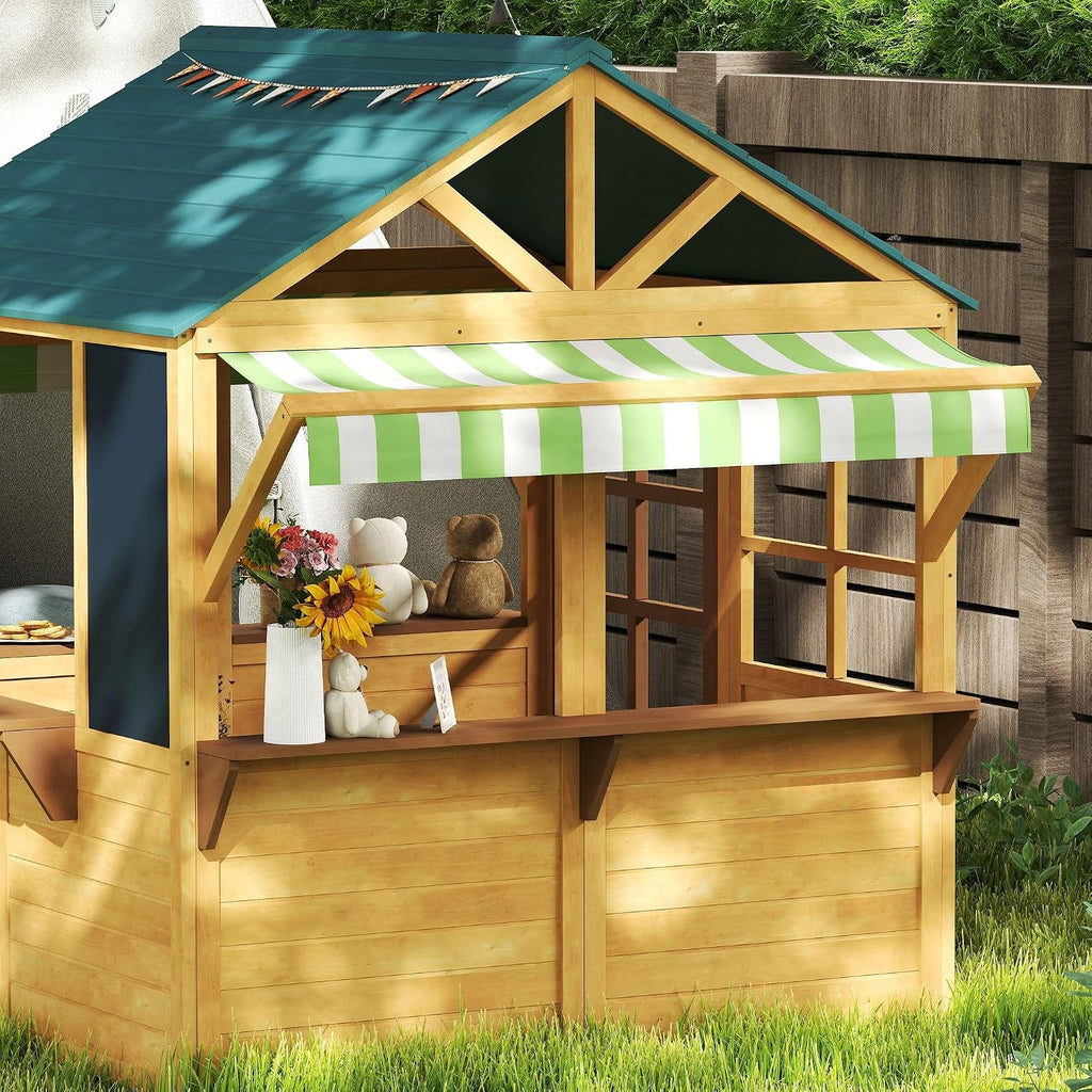 Robust Foldable Playhouse with Full Glass Windows, Operable Hinged Door, Convenient Snack Station, Waterproof Roof