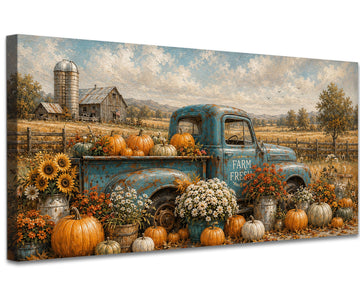 Truck Fall Canvas Wall Art, Rustic Farmhouse Painting Pictures Autumn Thanksgiving Artwork, Vintage Blue Farm Fresh