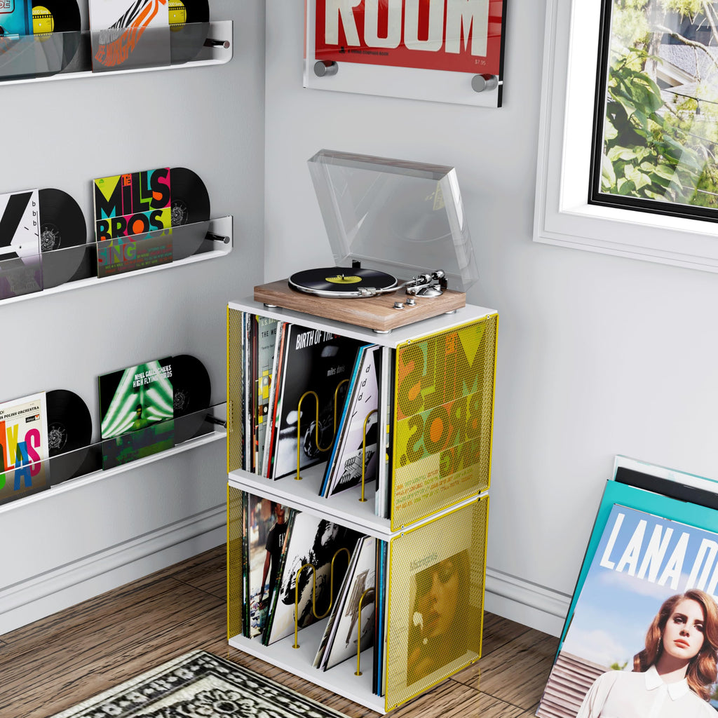 1 Cube Vinyl Record Storage, Wooden Stackable Record Crate, White & Gold