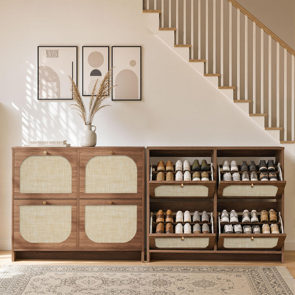 Rattan Shoe Cabinet with 4 Flip Drawers, 9.5" Narrow Shoe Rack, Boho Slim Shoe Storage Organizer with Adjustable