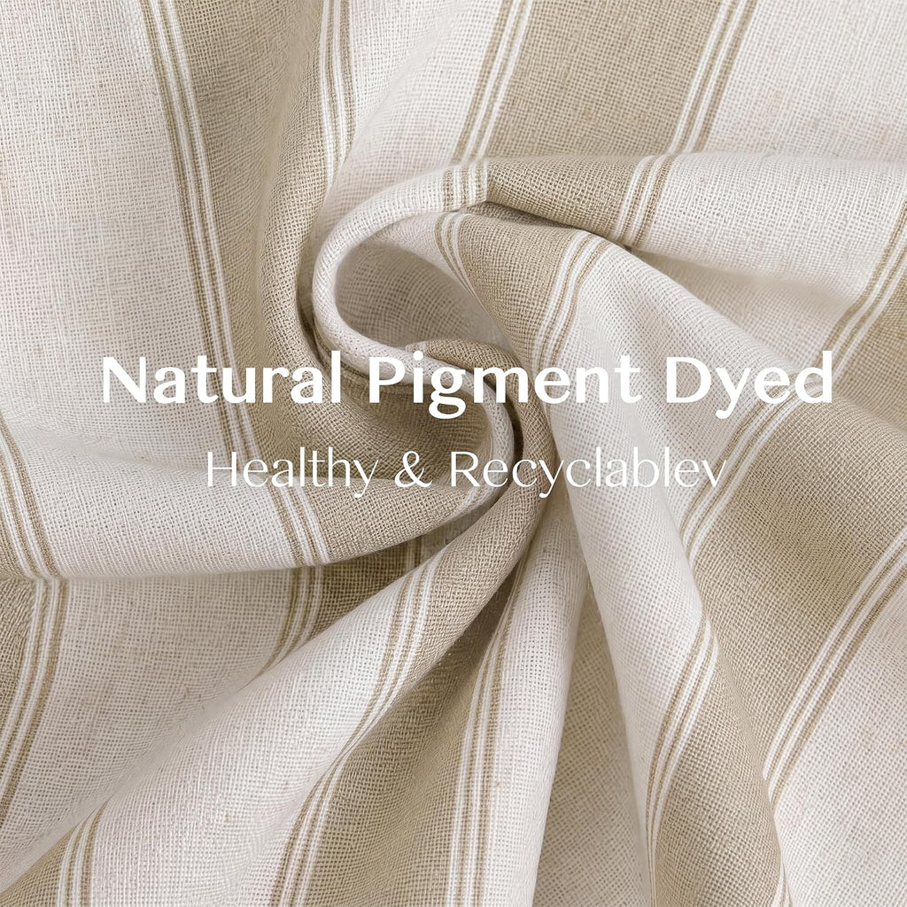 Beige Stripe Pinch Pleated Curtains 84 inches, Linen Blend Light Filtering Gingham Drapes with Memory Pleats for