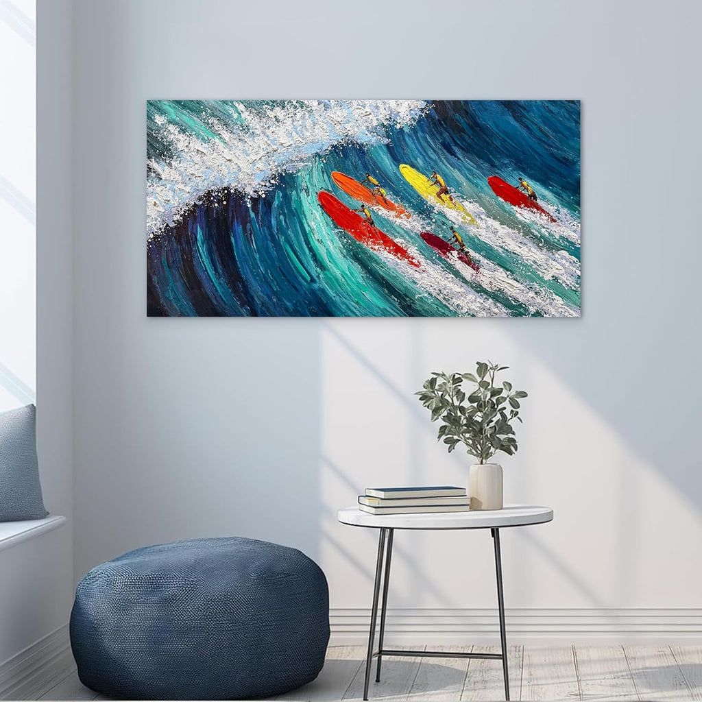 Coastal Canvas Wall Art Large Blue Beach Hand Painted Oil Painting Ocean Wave Wall Art Colorful Surfer Artwork