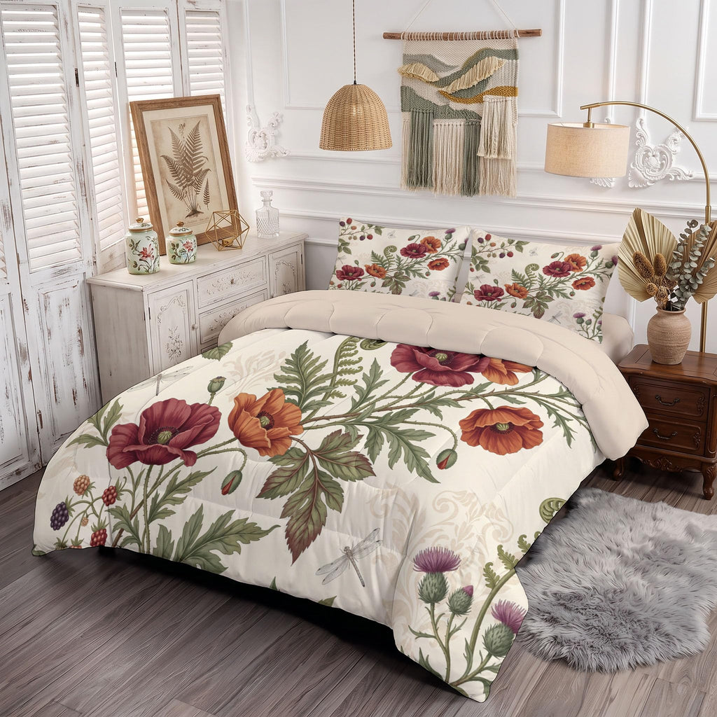 Comforter Set Baroque Floral Brocade Comfortable Microfibre Duvet | Beige Fluffy Bedding Set, Vintage