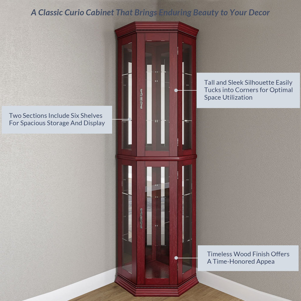 Lighted Wooden Corner Display Curio Cabinet, Two Section Shelving Unit with Tempered Glass Door, Bar and Liquor