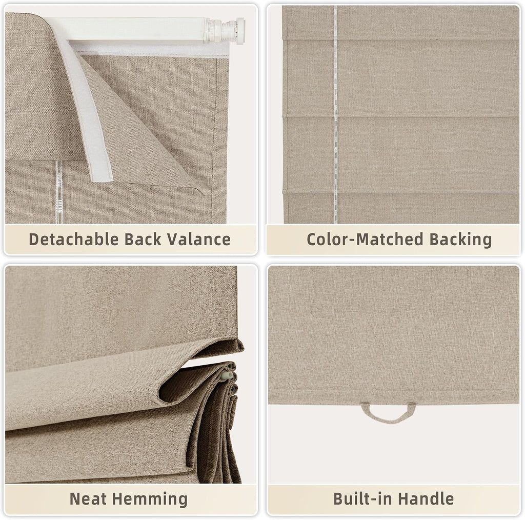 No Drill Cordless Roman Shades for Windows, Brown, 36" W x 48" H | 100% Blackout UV Protection, Linen-Like Polyester