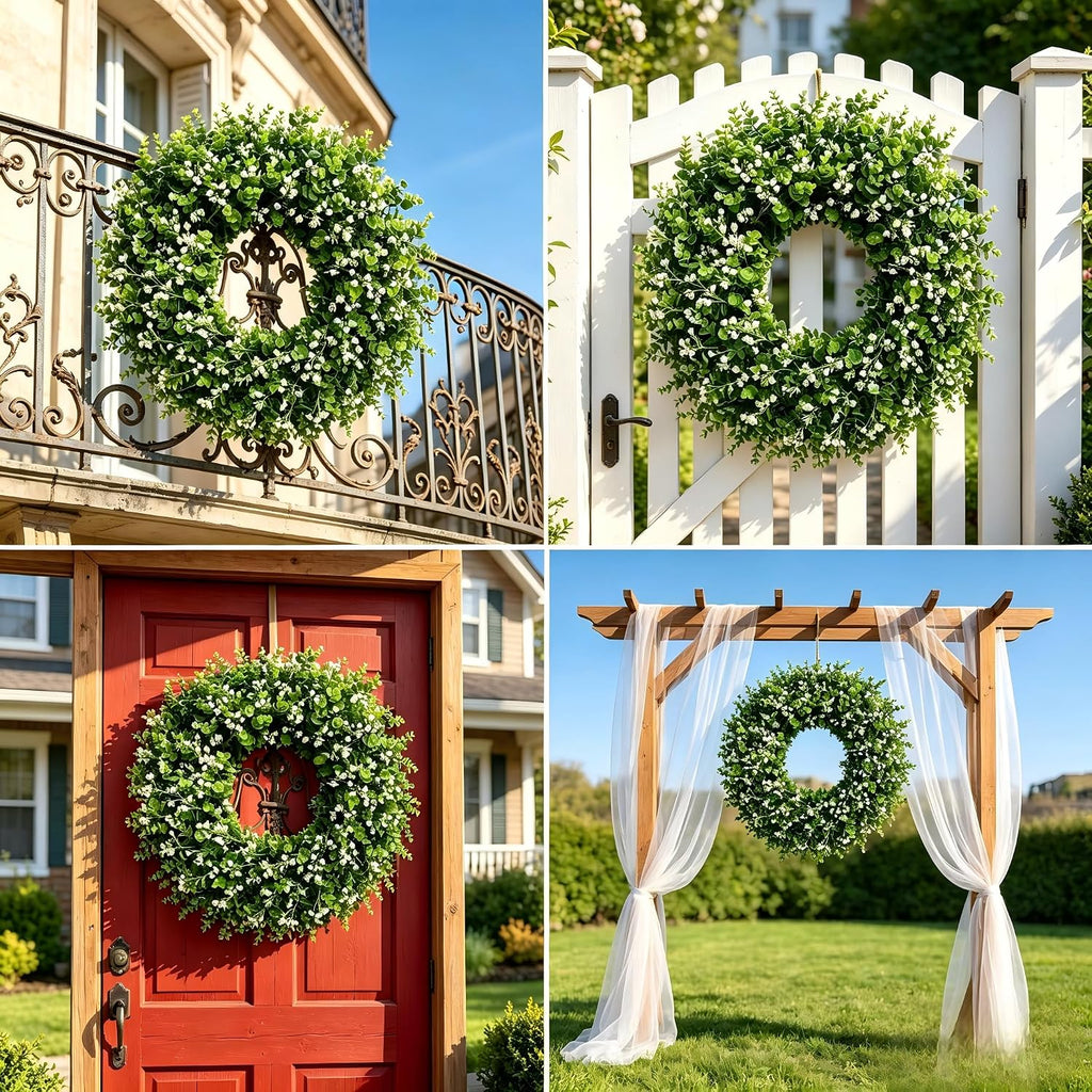 Artificial Boxwood Wreath for Front Door, Farmhouse Year Round Greenery Wreath, Indoor Outdoor with Hanging Tag