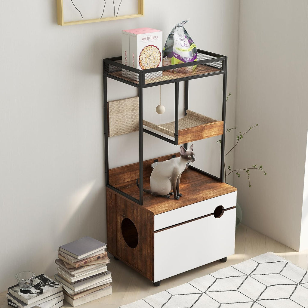 Cat Litter Box Enclosure Furniture with Cat Tree Tower, Kitty Litter Box Hidden Cabinet with Shelves Scratching Pad