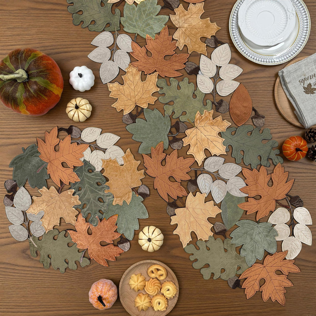 Fall Placemats Set of 4, 15inch Round Cutwork Embroidered Table Placemats, Autumn Maple Leaves Harvest Thanksgiving