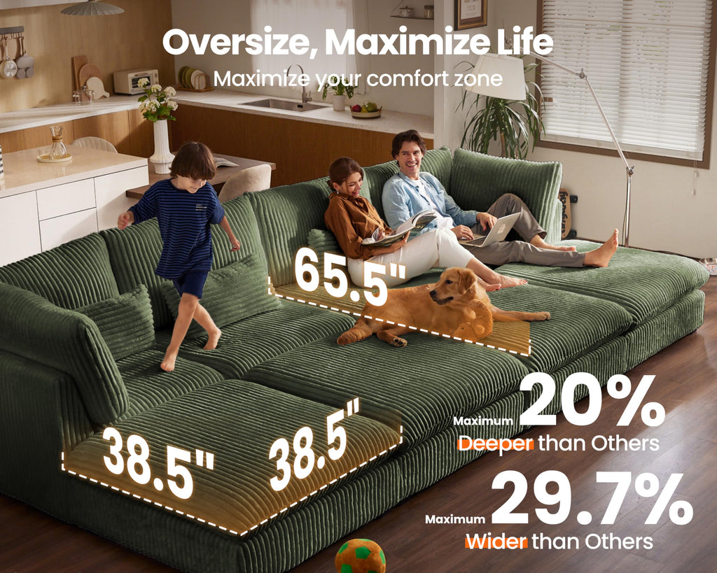 154" Oversize Corduroy Modular Sectional Sofa Couches, Green