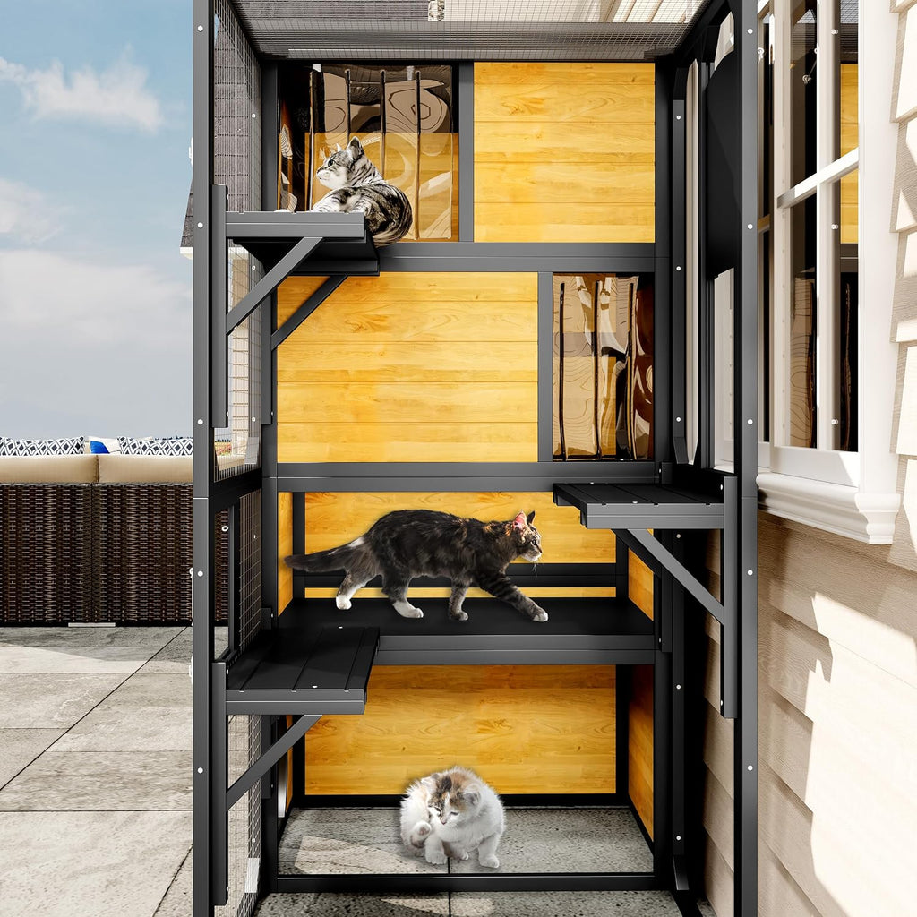 Large Outdoor Wooden Catio Enclosure for 6-10 Cats, Weatherproof PC Roof Cat Cage with 6 Platforms, Climbing Ramp