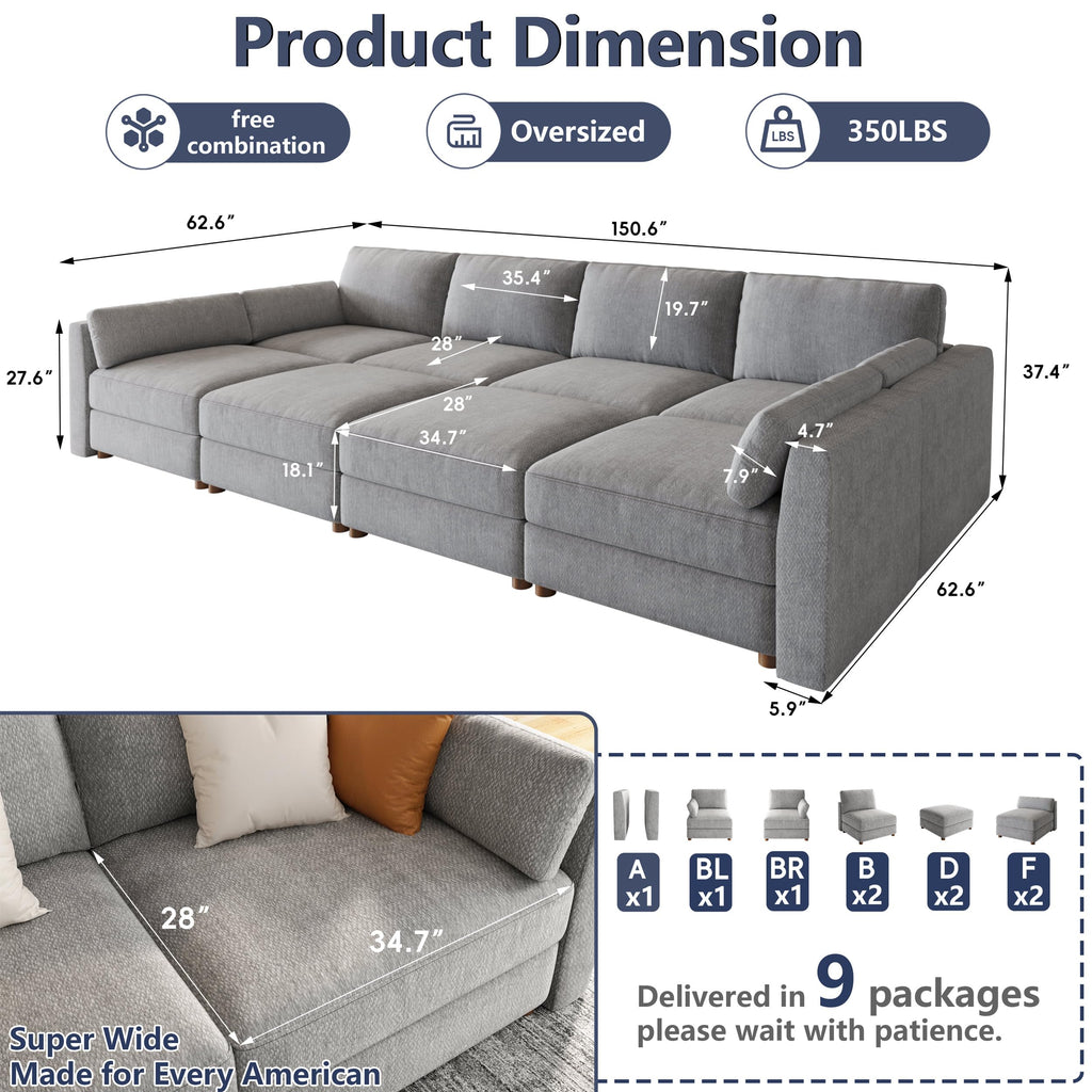 Oversized Modular Sectional Sleeper Sofa Bed Cloud Couches Gray