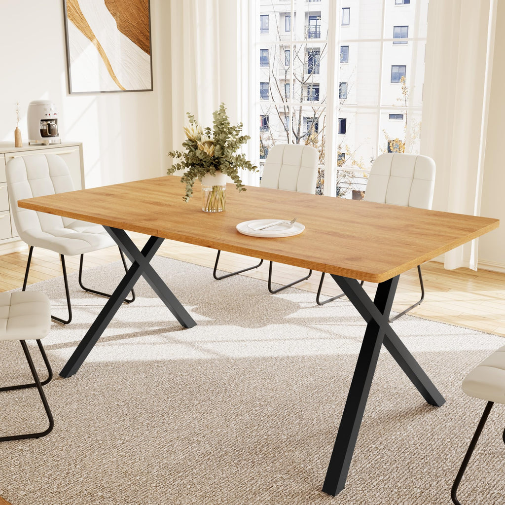 7-Piece Dining Table Set for 6 People, 63" MDF Kitchen Table with 6 Upholstered Chairs, Metal Legs (Oak Table+6