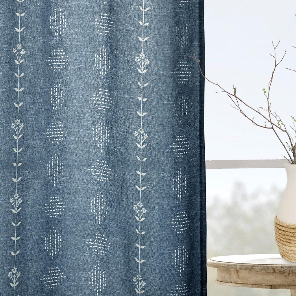 Blue Curtains 96 Inches Long, Sheer Boho Pattern Stripe Farm House Curtains 2 Panels Bedroom, Navy and White