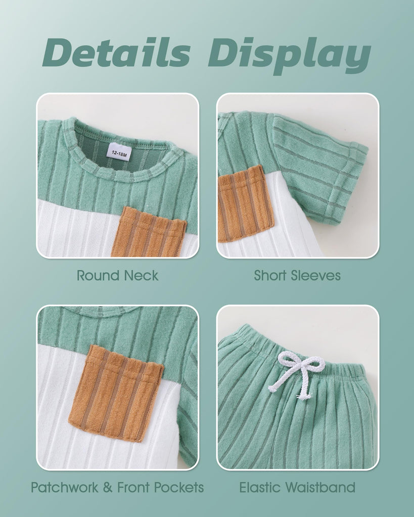 Toddler Boy Clothes Boys Clothes Summer Essentials Outfits Round Neck Light Green Short Sleeve Pocket