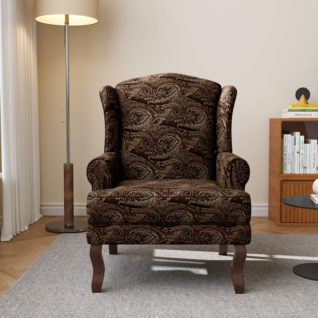 High Back Accent Chair, Fabric Pattern Wingback Armchair, Cranberry