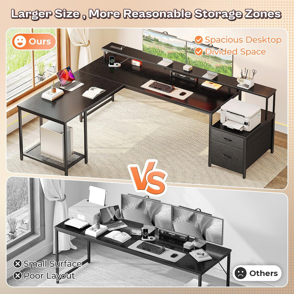 66" L Shaped Gaming Desk with LED Lights & Power Outlets | Computer Desk with Fabric Drawers and Print Stand, Corner