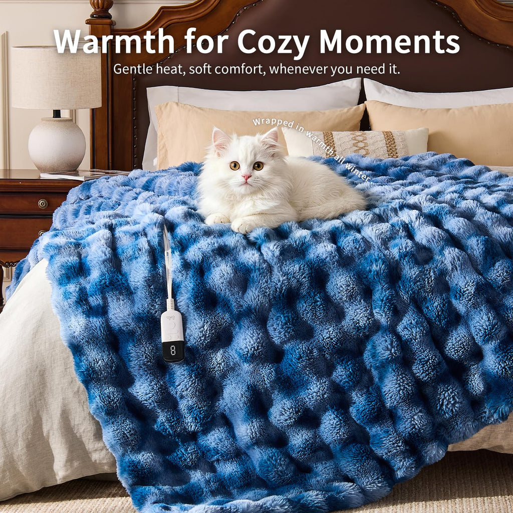 Fluffy Faux Fur Heated Blanket King Size, Tie-dye Blue, 90"x100"