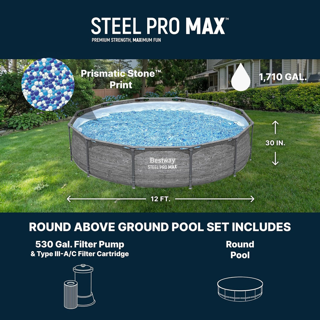 Steel Pro MAX 12' x 30" Above Ground Pool, Round Metal Frame Outdoor Swimming Pool Set with Filter Pump, Stacked