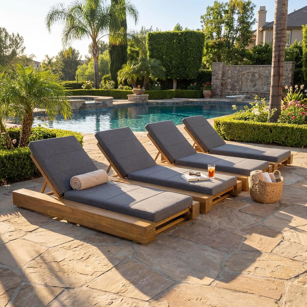 Tory Acacia Wood Chaise Lounge Chair Outdoor Set of 4, Poolside Sun Lounger Recliner, Patio Outdoor Chaise Lounge