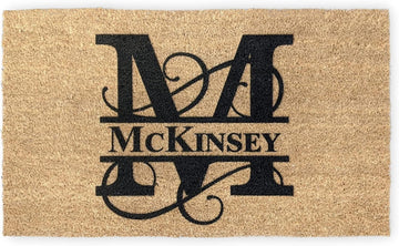 Personalized Split Monogram Coir Doormat 24x36 - Custom Front Door Mat | natural coconut husk, 3/4in thick, printed