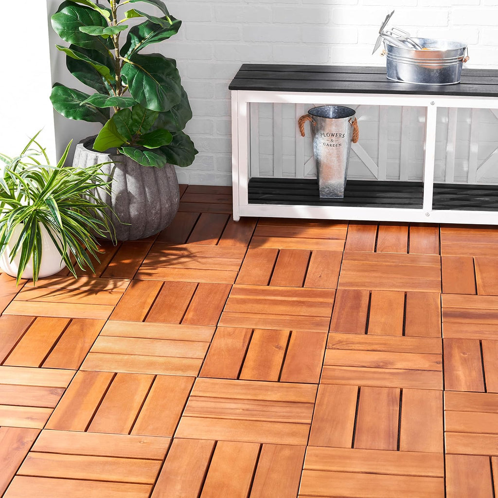 Outdoor Collection Manila Natural Acacia Wood 3-Slat Interlocking Floor Tile Patio Deck 12 x 12-inch (Set of 10)