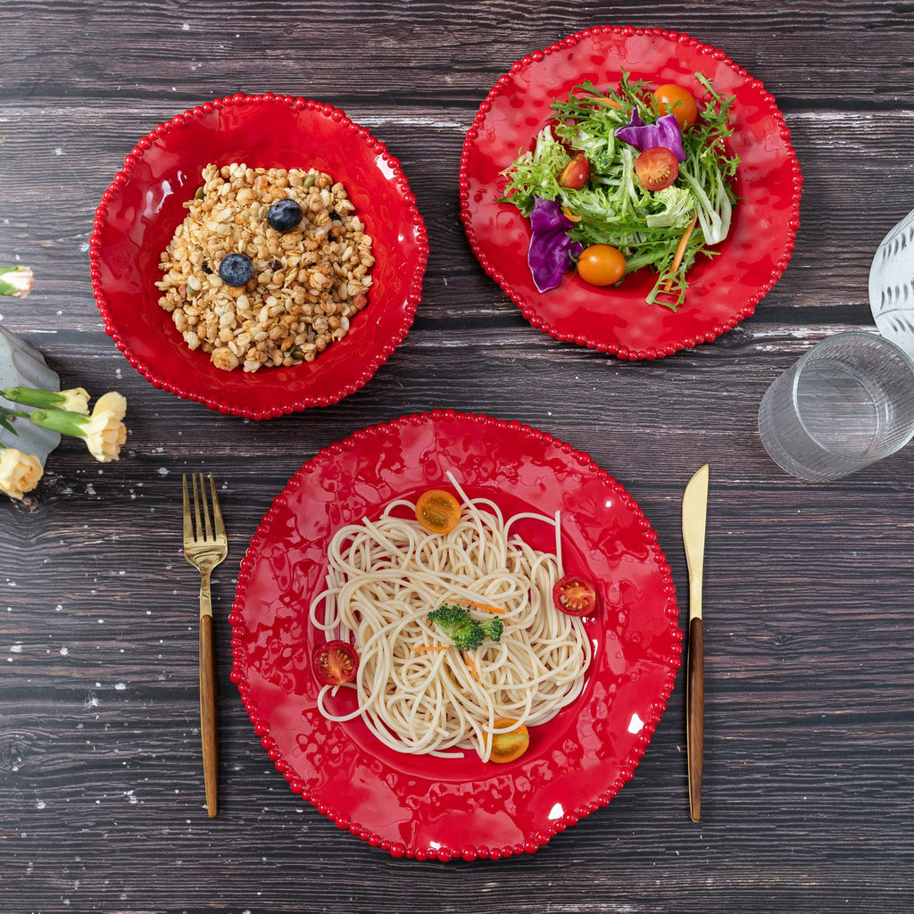 Christmas Red 18 Piece Beaded Melamine Dinnerware Sets, Service for 6, Lightweight Unbreakable, BPA Free With