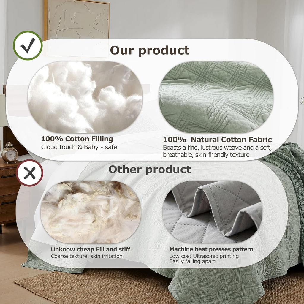100% Cotton King Quilt Set - Sage Green Pre-Washed Soft Lightweight Modern Bedspread, Farmhouse Country Rustic