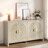 Rattan Sideboard Buffet Cabinet with Storage, 55" Accent Cabinet with Arch Doors & Adjustable Shelves