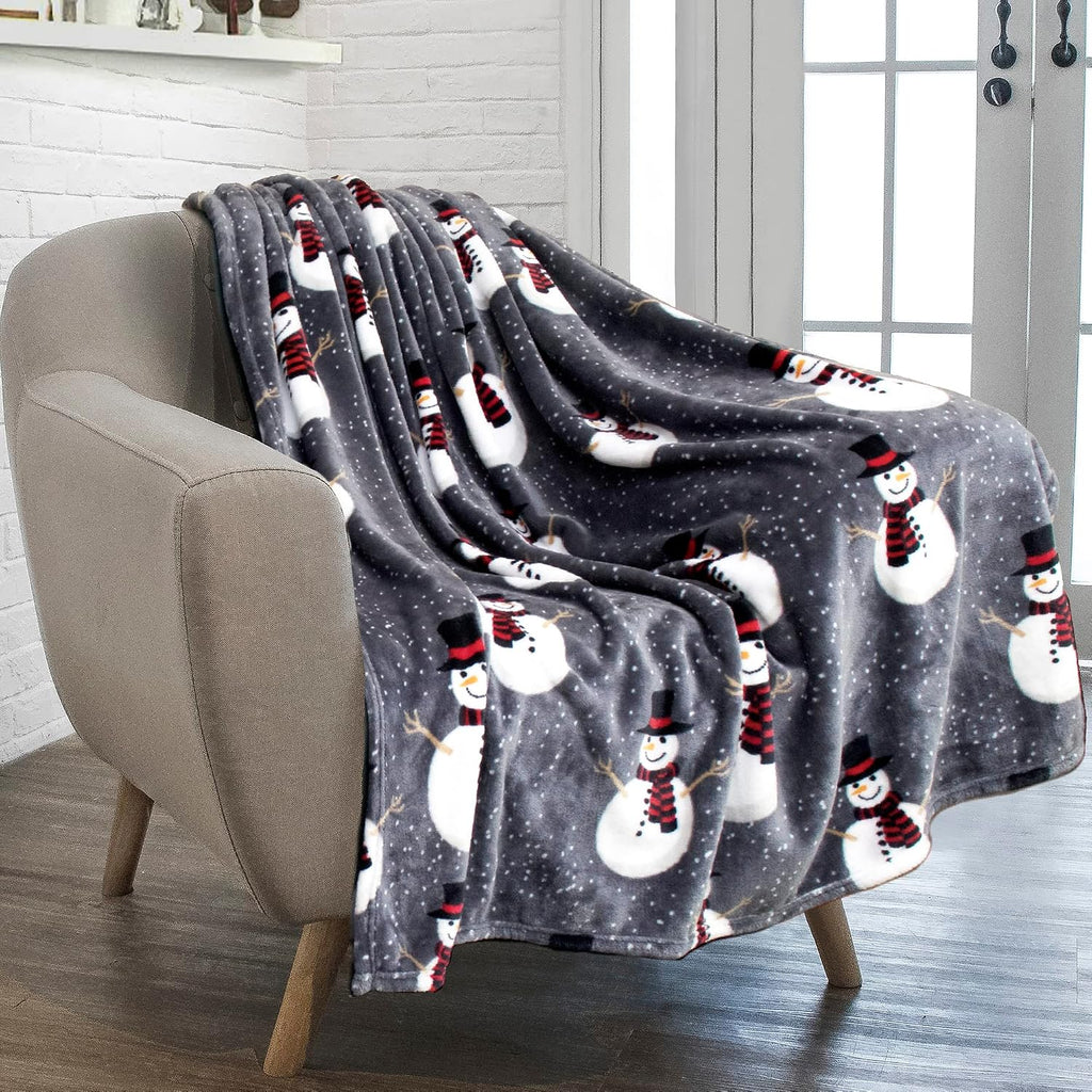 Christmas Snowman Throw Blanket | Grey Christmas Fleece Blanket | Soft, Plush, Warm Winter Cabin Throw, 50x60 (Grey