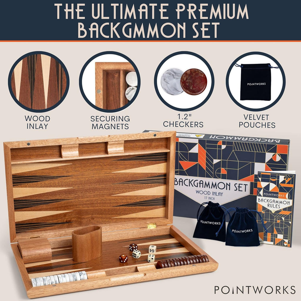 17 Inch Backgammon Sets for Adults. Beautiful Wood Inlaid Backgammon Board Game Set with Unique Checkers & Dice.
