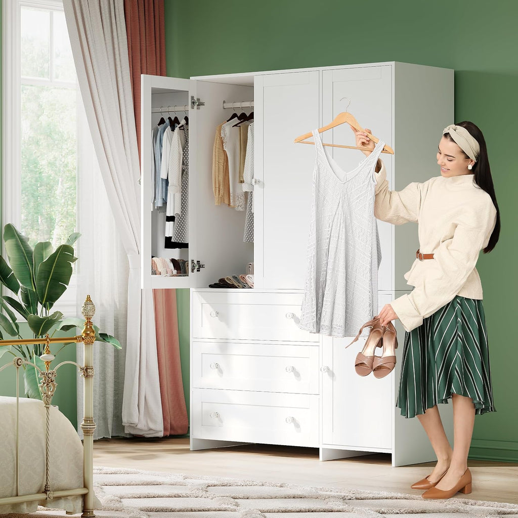 71" Armoire Wardrobe Closet with 3 Drawers and Mirror | Clothing Storage Cabinet with Hanging Rod, 4 Doors Wooden