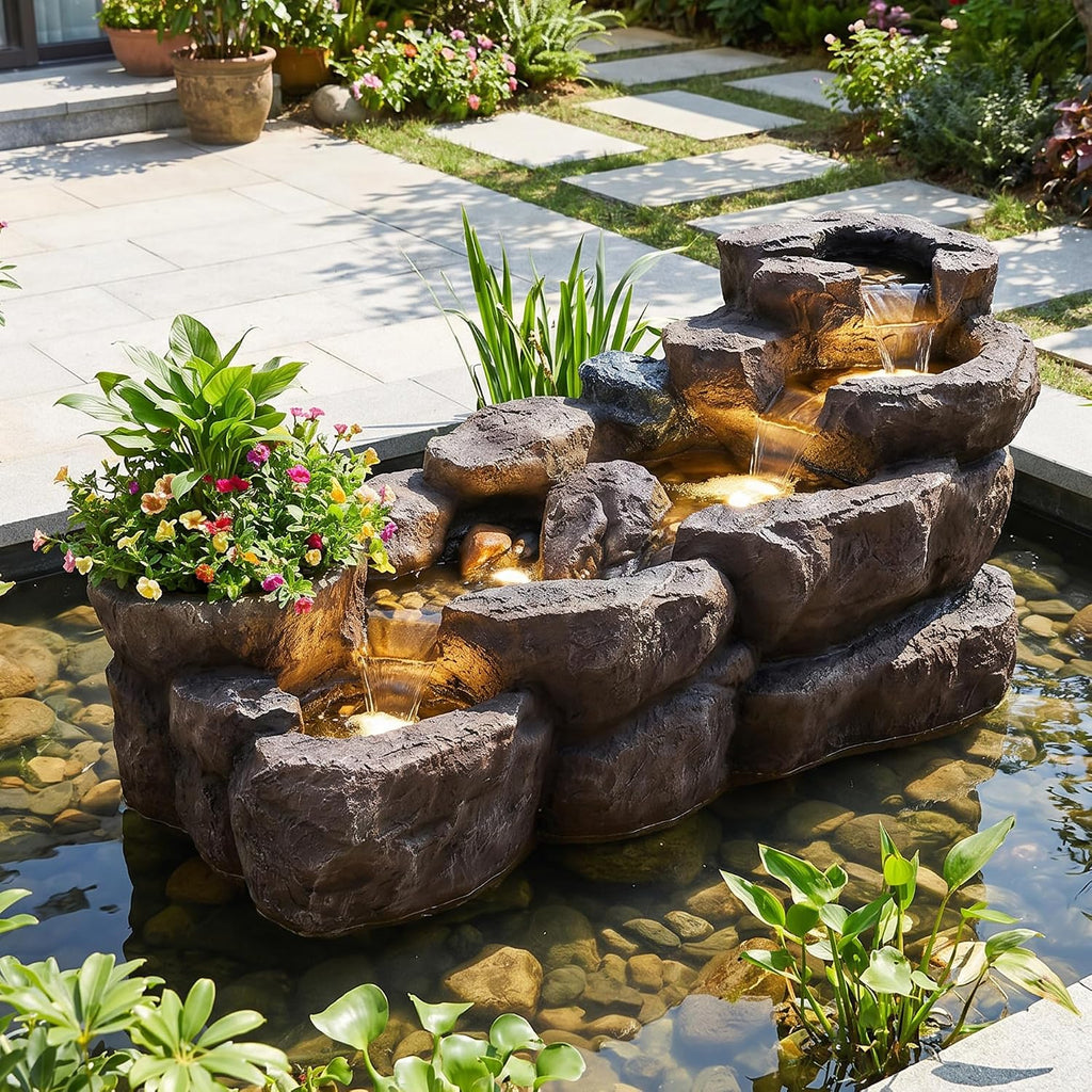 37.4" L Water Fountain Outdoor, 5-Tier Rock Cascading Water Feature | Garden Pool Fountains and Waterfalls with Warm